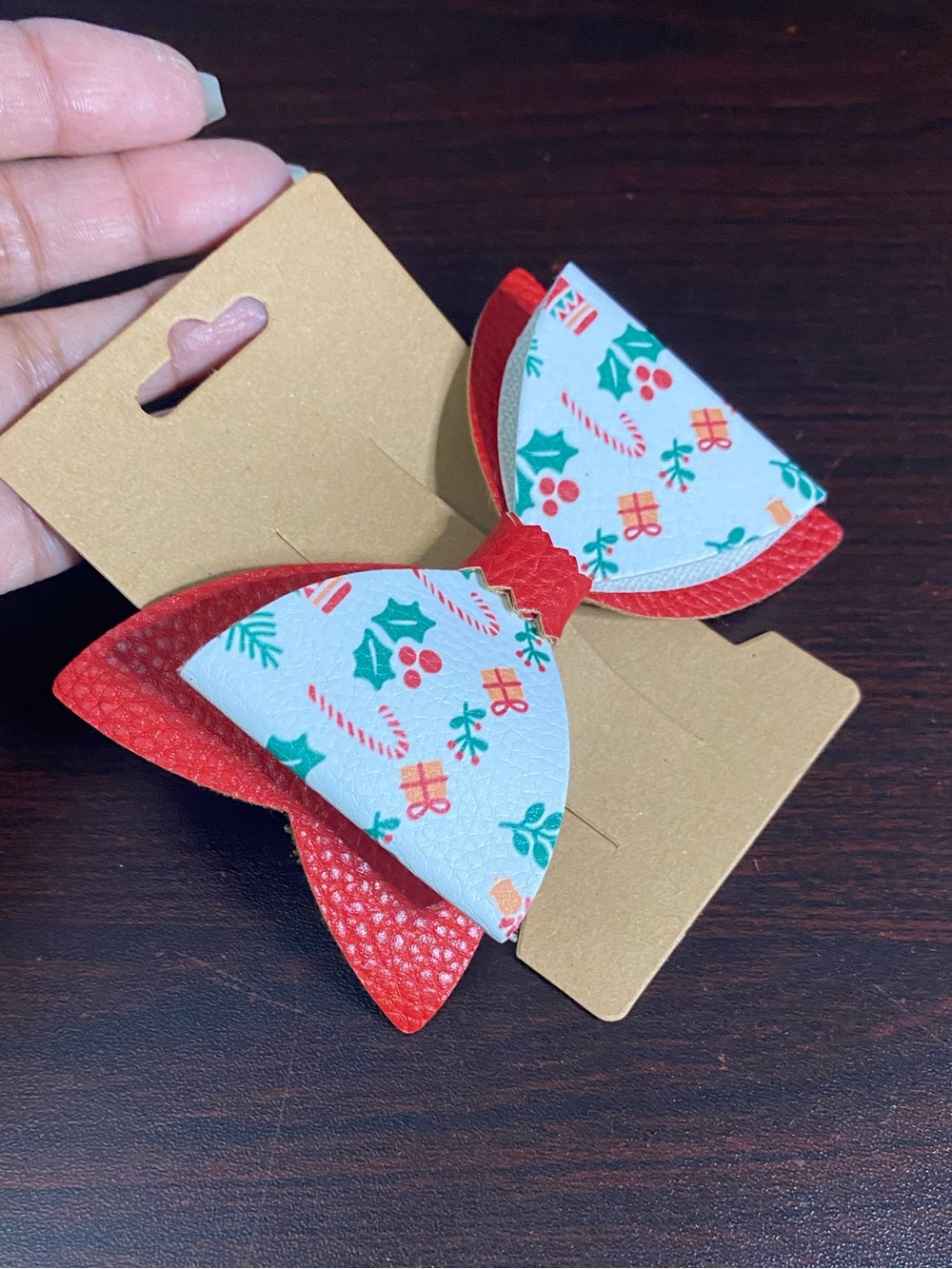 Hand Crafted Red & White Holiday Bow Hair Clip with Festive Print